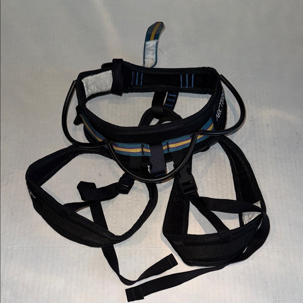 Arc'teryx Black Climbing Harness with Blue and Yellow Accent
